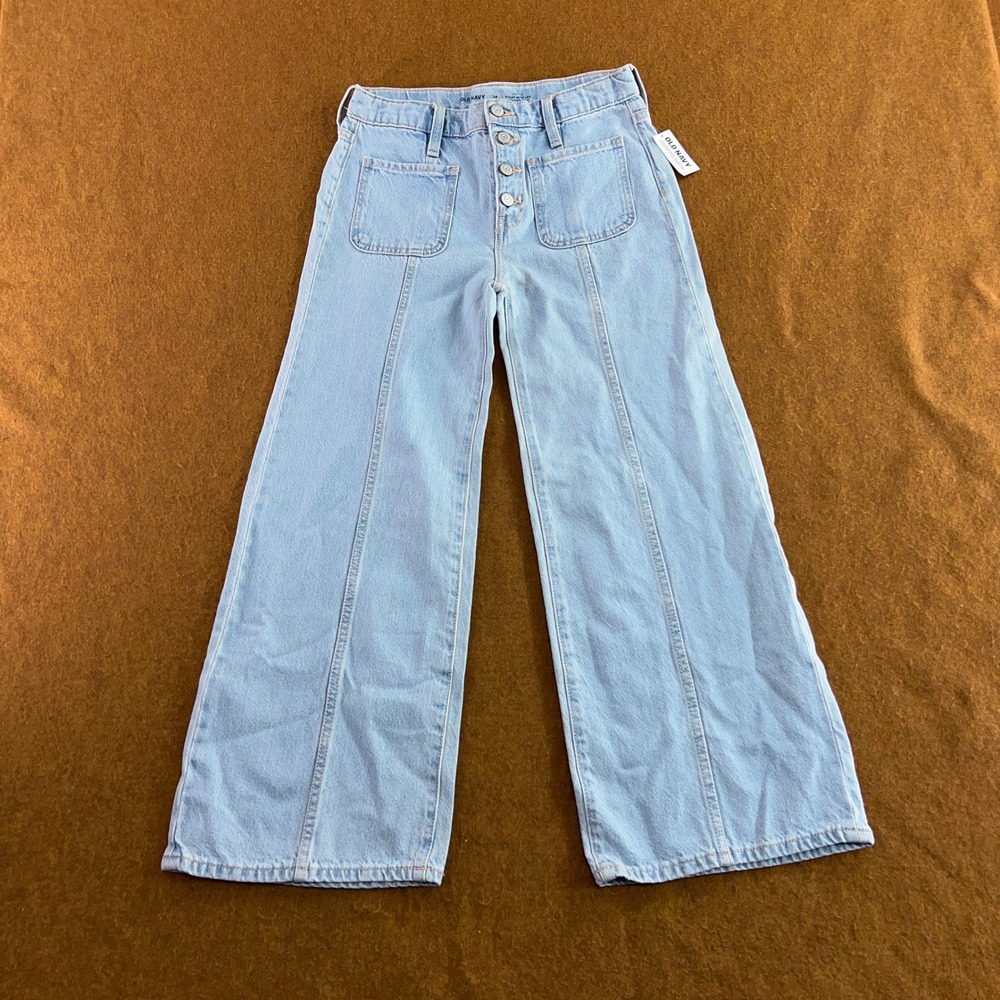Old Navy Womens 14 Light Blue Button Fly Patch Pocket Wide Leg Denim Jeans NWT